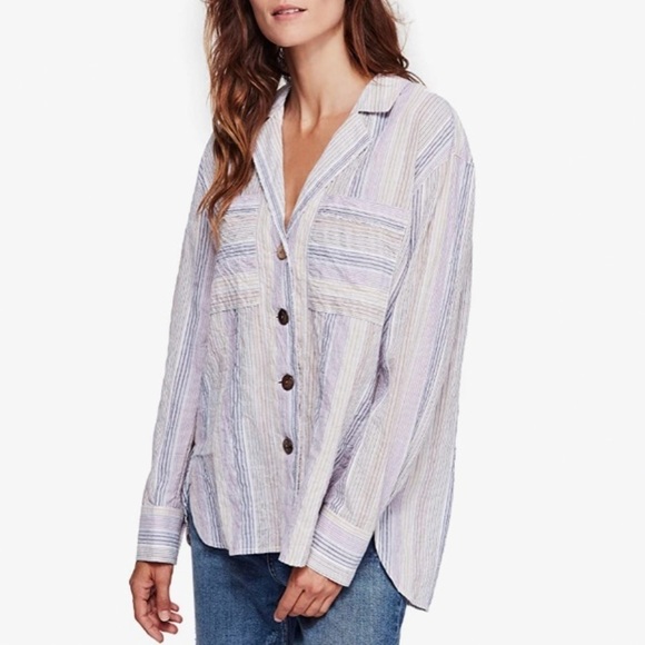 NWT Free People High Tide Multi Color Crinkle Striped Button Down Top - Picture 1 of 6